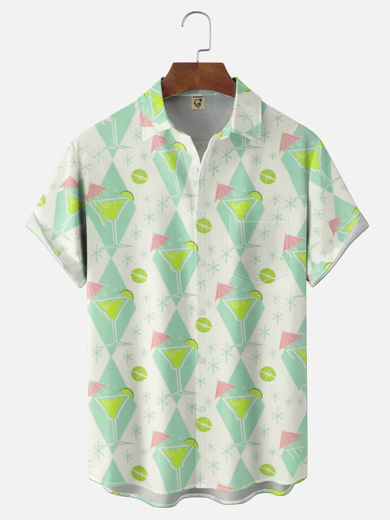 Moisture-Wicking Medieval Retro-Style Cocktail & Lemon Slice Chest Pocket Hawaiian Shirt