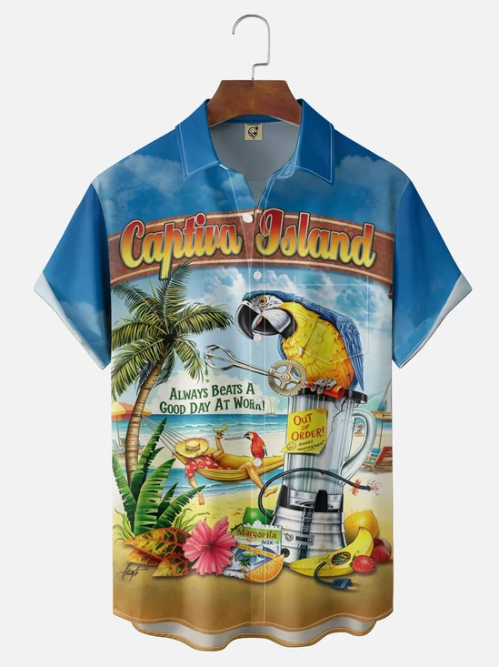 Moisture Wicking Gradient Beach Parrot Coconut Tree Chest Pocket Hawaiian Shirt