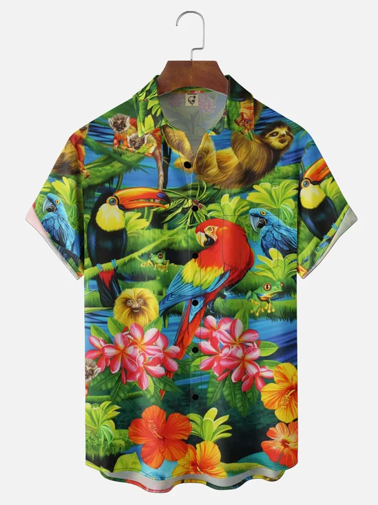 Moisture Wicking Gradient Colors Tropical Plants Parrot Toucan Golden Monkey Chest Pocket Hawaiian Shirt