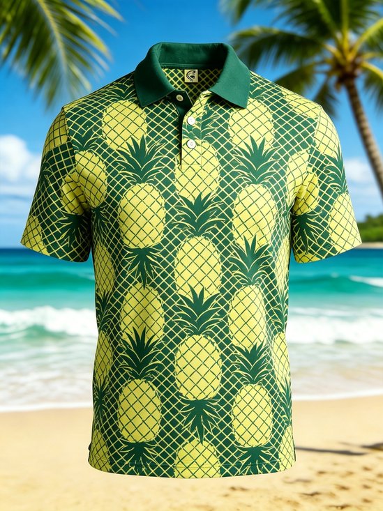 Moisture-Wicking Gradient Tropical Fruit Pineapple Geometric Short-Sleeve Hawaiian Golf Polo
