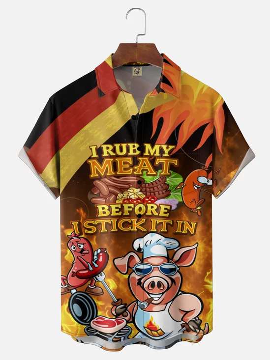 Moisture-Wicking  BBQ Party Slogan Hot Dog & Pig Design Chest Pocket Hawaiian Shirt