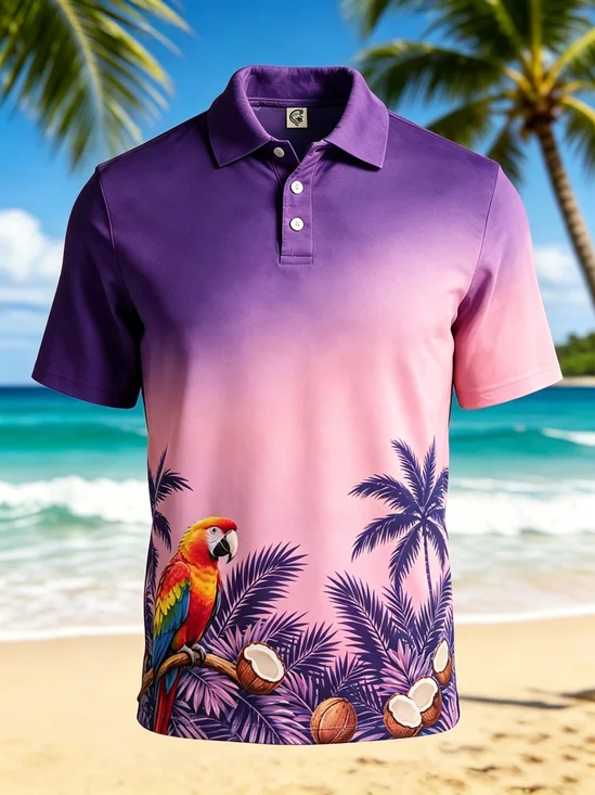 Moisture-Wicking Gradient Parrot & Leaf Pattern Short-Sleeve Hawaiian Golf Polo