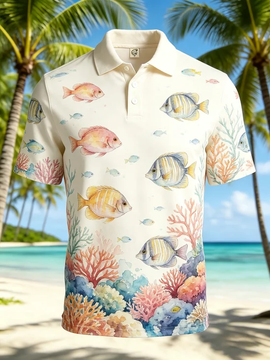 Moisture-Wicking Gradient Coral Fish Short-Sleeve Hawaiian Golf Polo