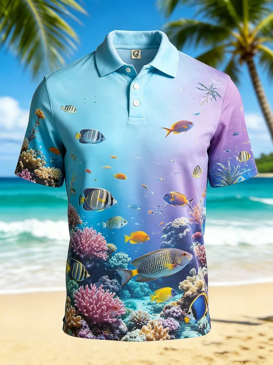 Moisture-Wicking Gradient Coral Fish Short-Sleeve Hawaiian Golf Polo