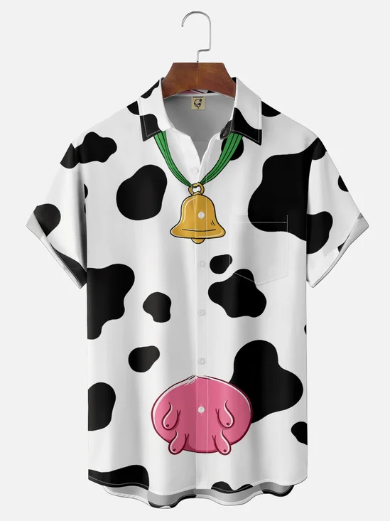 Moisture-Wicking Cartoon Anime Cow-Themed Costume-Style Chest Pocket Hawaiian Shirt
