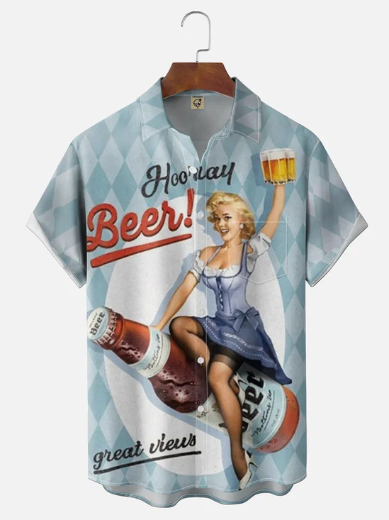 Moisture-Wicking Gradient-Color Beer & Retro Pin-up Chest Pocket Hawaiian Shirt