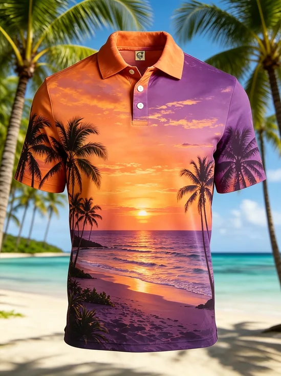 Moisture-Wicking Gradient Coconut Tree & Seascape Short-Sleeve Hawaiian Golf Polo