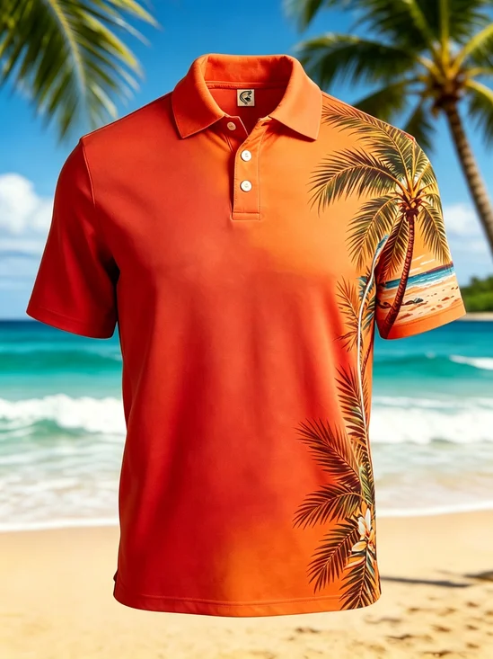 Moisture-Wicking Gradient Palm Tree Short-Sleeve Hawaiian Golf Polo