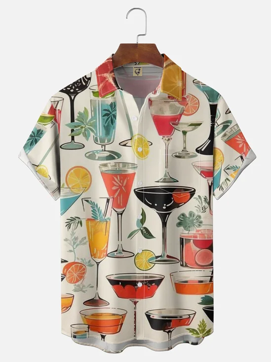 Moisture-Wicking Medieval Retro-Style Cocktail & Lemon Slice Chest Pocket Hawaiian Shirt