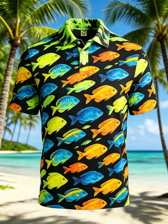 Moisture-Wicking Gradient Ocean Animal & Fish Short-Sleeve Hawaiian Golf Polo
