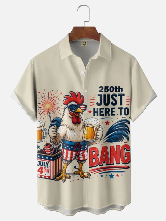 Moisture-Wicking Independence Day American Flag Chickens Beer And 250th Anniversary Design Chest Pocket Hawaiian Shirt