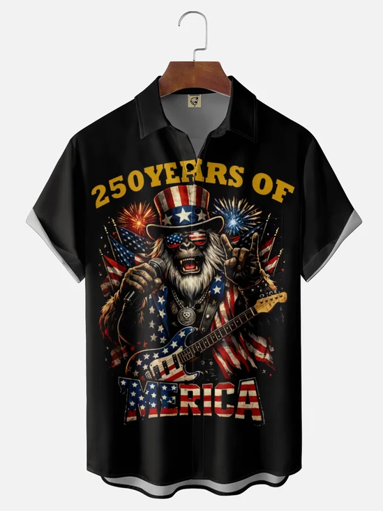 Moisture-Wicking Independence Day U.S. Flag Rock Guitar Bigfoot And 250th Anniversary Designs Chest Pocket Hawaiian Shirt