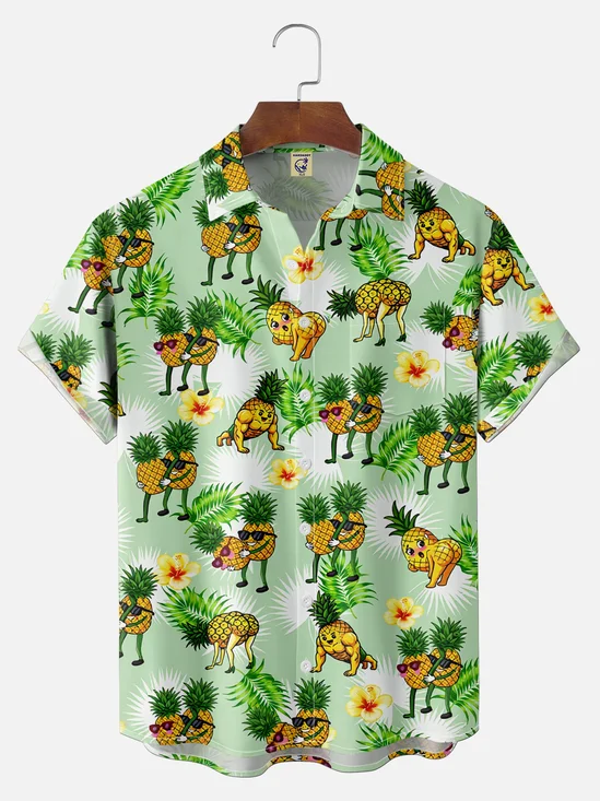 Big size Moisture-Wicking Gradient Pineapple Man Tropical Plant Print Chest Pocket Hawaiian Shirt
