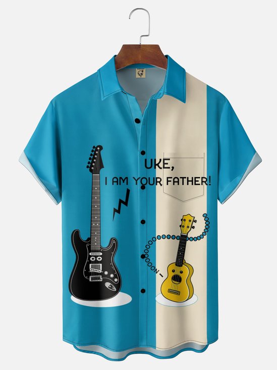 Moisture-Wicking Funny Guitar Dad Slogan Chest Pocket Holiday Bowling Shirt