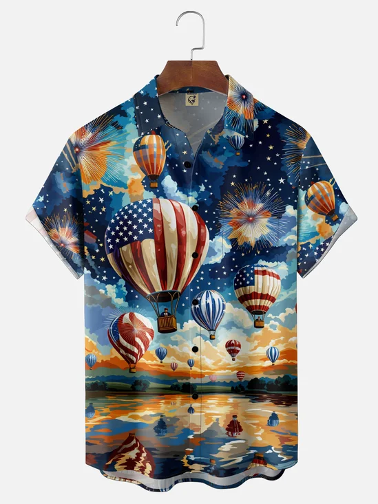 Moisture-Wicking American Flag Hot Air Balloon Independence Day Holiday Chest Pocket Hawaiian Shirt
