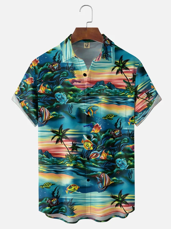 Moisture-Wicking Tropical Plants Flowers Fish Print Holiday Chest Pocket Hawaiian Shirt