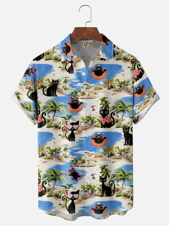 Moisture-Wicking Gradient Beach & Coconut Tree Black Cat Chest Pocket Hawaiian Shirt