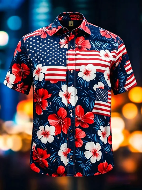 Moisture-wicking Independent Day American Flag USA Floral Chest Pocket Patriotic Shirt