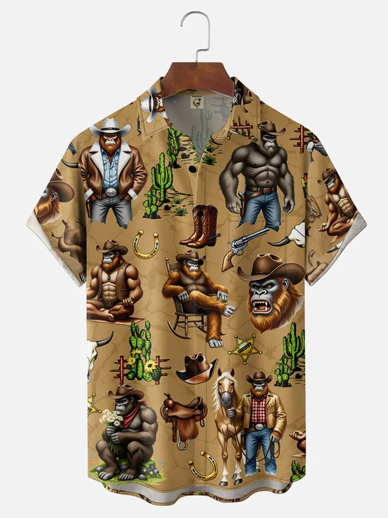 Moisture-Wicking Gradient-Color Denim-Hat Bigfoot & Cactus Chest Pocket Hawaiian Shirt