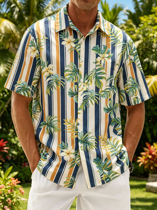 Linen-Texture Tropical Stripes Botanical Floral Print Chest Pocket Hawaiian Shirt