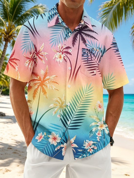 Linen-Texture Tropical Gradient Botanical Floral Print with Chest Pocket Hawaiian Shirt