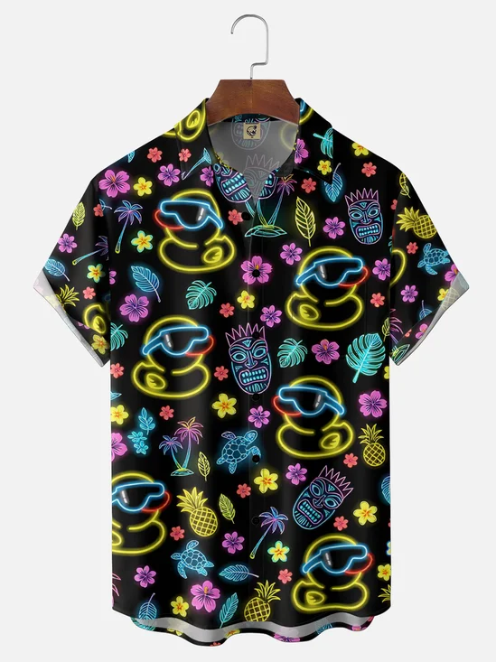 Moisture-Wicking Neon Floral Rubber Duck & Tiki Chest Pocket Hawaiian Shirt
