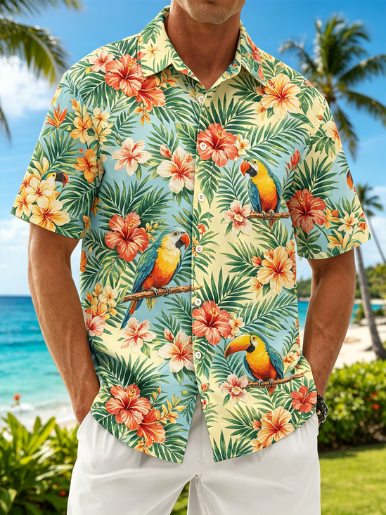 Linen-Texture Tropical Plants Flowers Parrots Chest Pocket Hawaiian Shirt