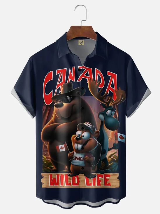 Moisture-Wicking Canada Day Themed Featuring Fun Maple Leaf Beaver Moose And Polar Bear Motifs  Slogan Chest Pocket Hawaiian Shirt
