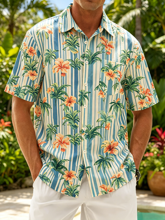 Linen-Texture Tropical Stripes Botanical Floral Print Chest Pocket Hawaiian Shirt