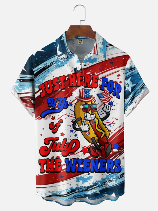 Moisture-Wicking Gradient-Color "Independence Day" American Flag & Hot Dog Man  Chest Pocket Hawaiian Shirt