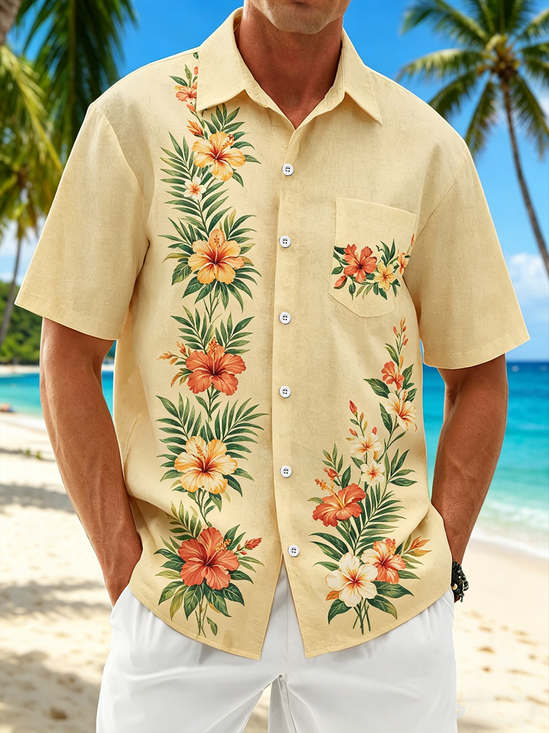 Linen-Texture Tropical Floral Print Chest Pocket Hawaiian Shirt