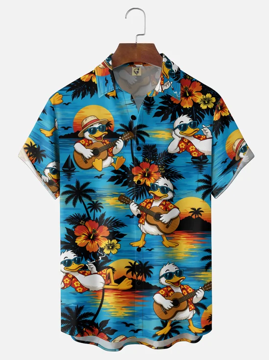 Moisture-Wicking Gradient Design Featuring Beach Coconut Trees Ducks Guitars Chest Pocket Hawaiian Shirt
