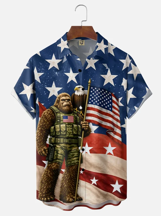 Moisture-Wicking U.S. Independence Day Theme Soldier Bigfoot Bald Eagle Holiday Chest Pocket Hawaiian Shirt