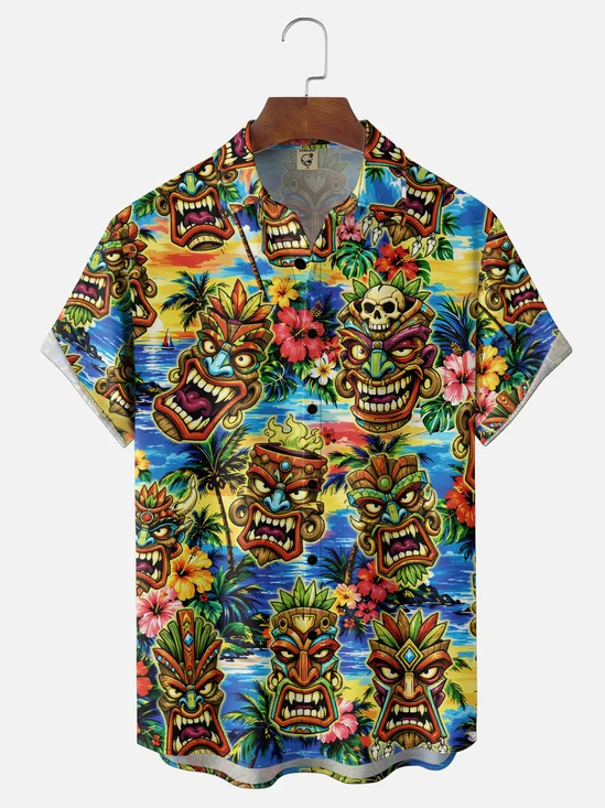 Moisture-Wicking Gradient Floral Coconut Tree & Tiki Chest Pocket Hawaiian Shirt