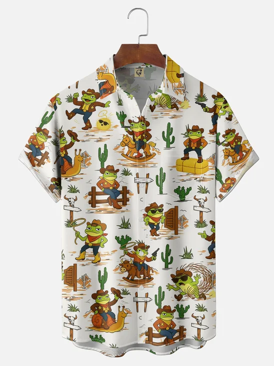 Moisture-Wicking Gradient Denim Hat Frog & Cactus Chest Pocket Hawaiian Shirt