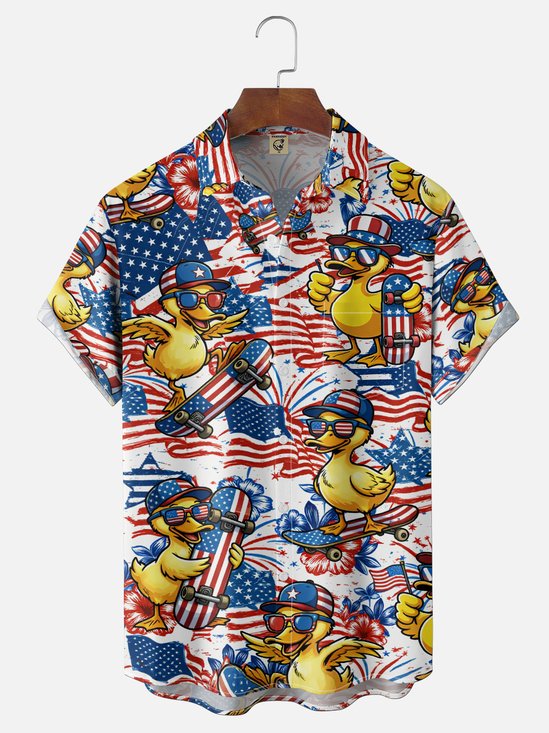 Moisture-Wicking, Gradient-Color Independence Day American Flag & Skateboard Duck Pattern Chest Pocket Hawaiian Shirt