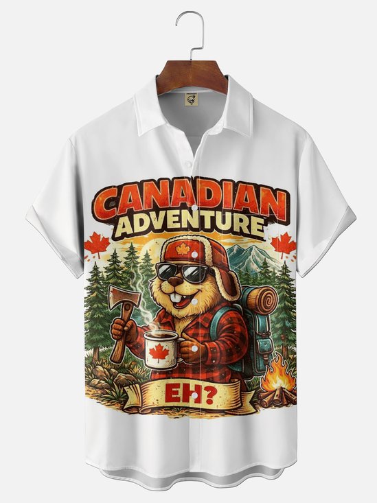 Moisture-Wicking Canada Day Beaver Maple Leaf and Bonfire Chest Pocket Hawaiian Shirt