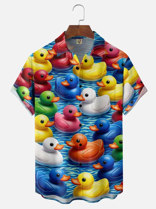 Moisture-Wicking Cute Toy Duck Themed Chest Pocket Holiday Hawaiian Shirt