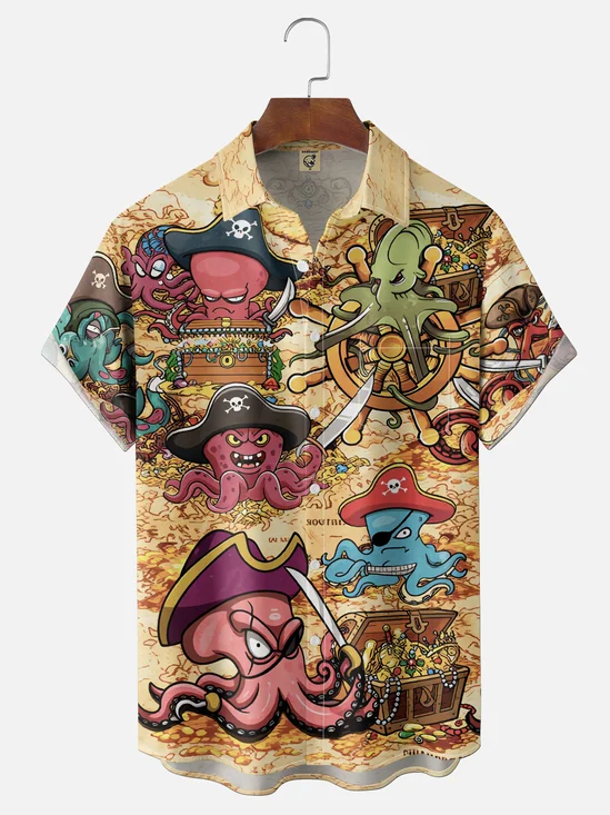 Moisture-Wicking  Fun Pirate Octopus Chest Pocket Hawaiian Shirt