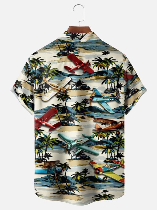 Moisture-Wicking Gradient Beach Coconut Tree Fighter Jet Print Chest Pocket Hawaiian Shirt