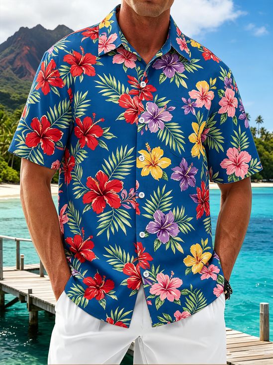 Linen-Texture Tropical Floral Print Chest Pocket Hawaiian Shirt