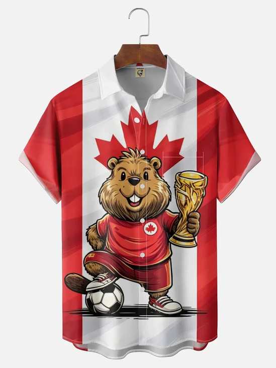 Moisture-Wicking Canada Day Themed Flag Soccer Beaver Print with Chest Pocket Hawaiian Shirt