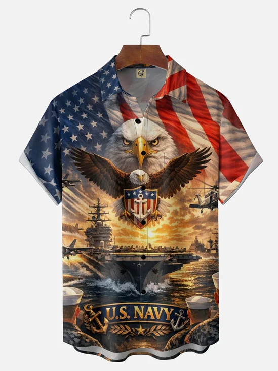 Moisture-Wicking American Flag Independence Day-Themed Navy Chest Pocket Holiday Hawaiian Shirt