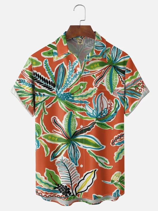Moisture-Wicking Fun Tropical Themed Tropical Plants Chest Pocket Holiday Hawaiian Shirt