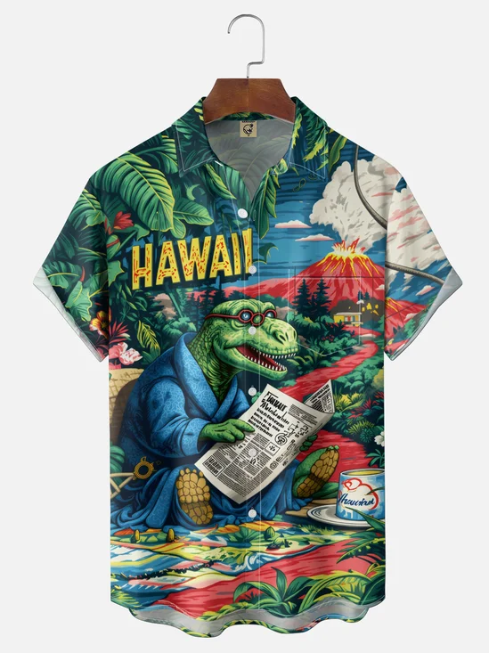 Moisture-Wicking Fun Tropical Themed Tropical Dinosaur Volcano Chest Pocket Holiday Hawaiian Shirt