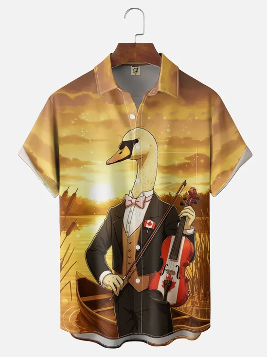 Moisture-Wicking Canada Day Maple Leaf Canada Goose And Violin Chest Pocket Hawaiian Shirt