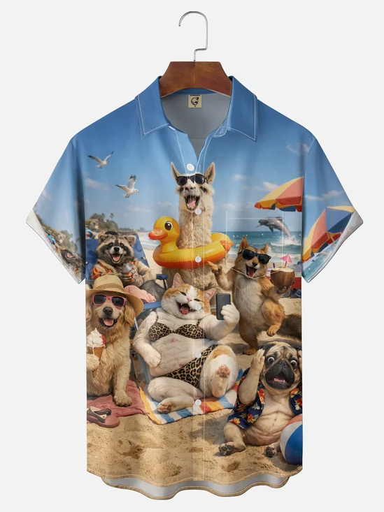 Moisture-Wicking Fun Beach Alpaca Cat Dog Chest Pocket Holiday Print Hawaiian Shirt