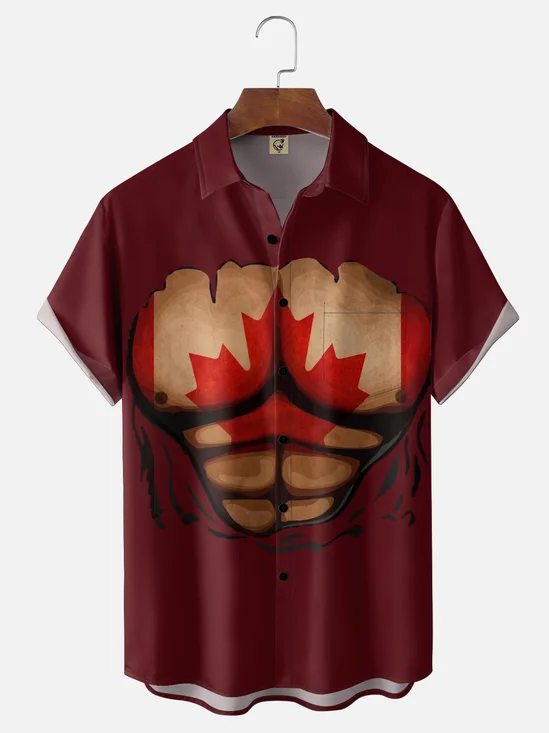Moisture-Wicking Canada Day Maple Leaf Muscle-Fit Chest Pocket Hawaiian Shirt