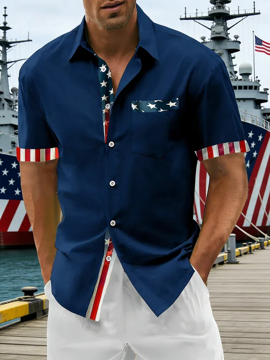 Tall Size Moisture Wicking Solid Color Patchwork American Flag Chest Pocke Holiday Hawaiian Shirt