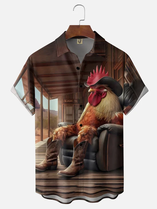 Moisture-Wicking Denim Chicken Chest Pocket Holiday Hawaiian Shirt
